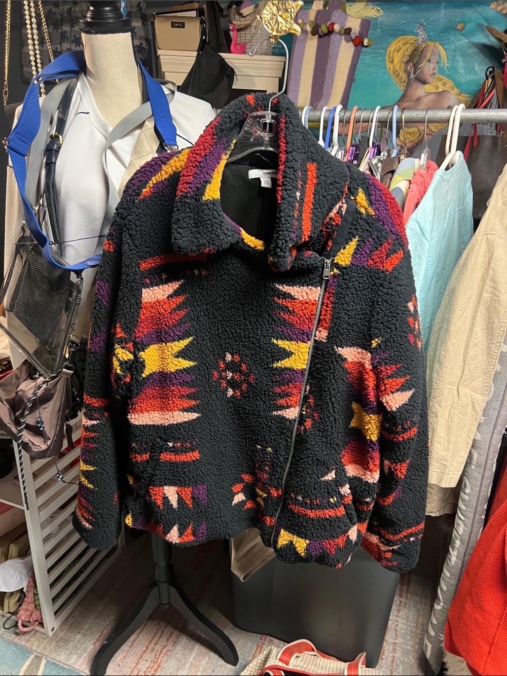 Sonoma Black Teddy Jacket with Red, Orange, Yellow & Purple Aztec Pattern
